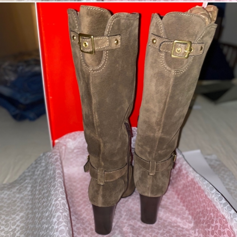 NIB Coach A7284 Suede Robynn Heeled Boots in Flint Goldtone Hardware Sz 9 $528